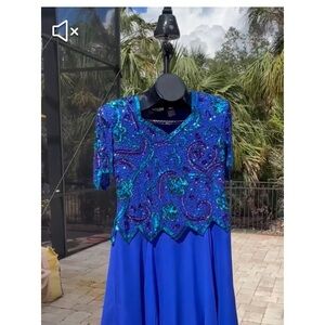 Beautiful Laurence Kazar Blue and Green Beaded Dress